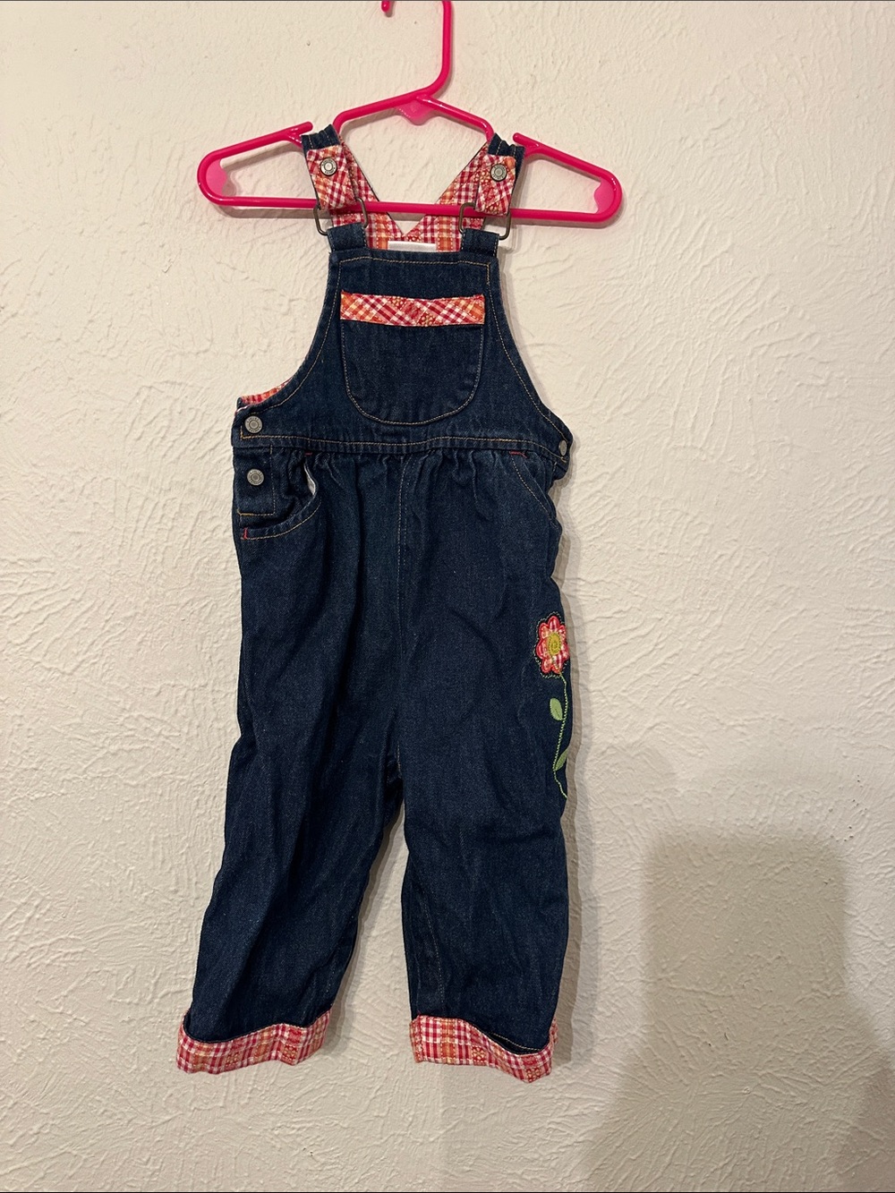 Vtg Carters Denim Jean Overalls Red Gingham Cuffs Embroidered Flower Size 18-24